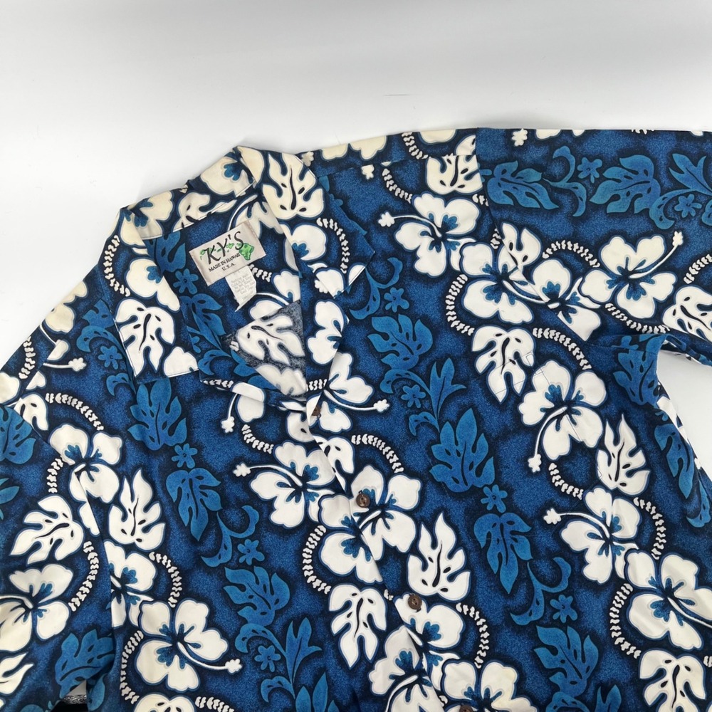 KY'S Mens Hawaiian Shirt XL Blue White Hibiscus Floral Cotton Made in Hawaii USA